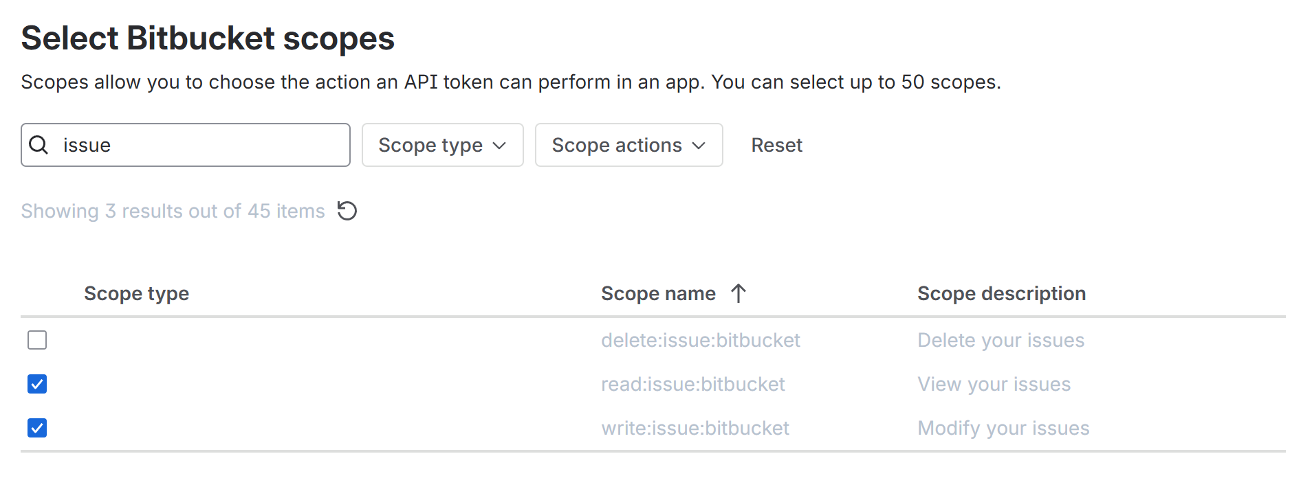 Select Bitbucket scopes