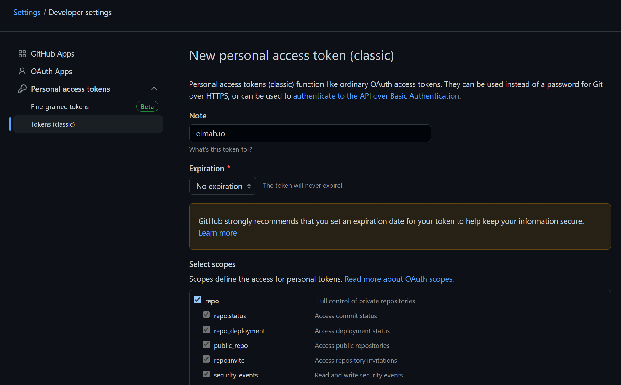 OAuth Tokens Page