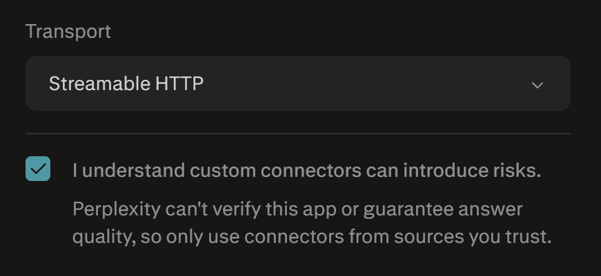 Perplexity add custom connector step 2