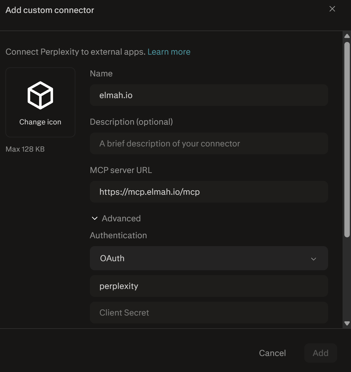 Perplexity add custom connector