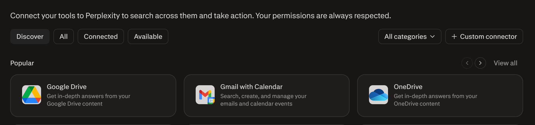 Perplexity available connectors